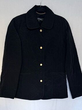 Ellen Tracy Black Floral Quilted Car Coat Snaps Pockets Size Petite S